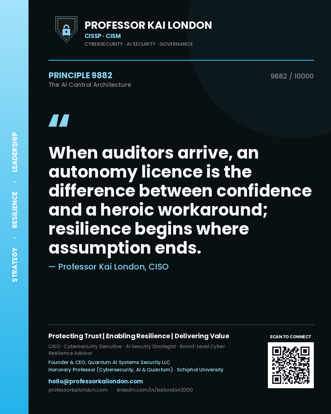 Professor Kai London principle 9882: When auditors arrive, an autonomy licence is the difference between confidence and a heroic workaround; resilience begins where assumption ends.