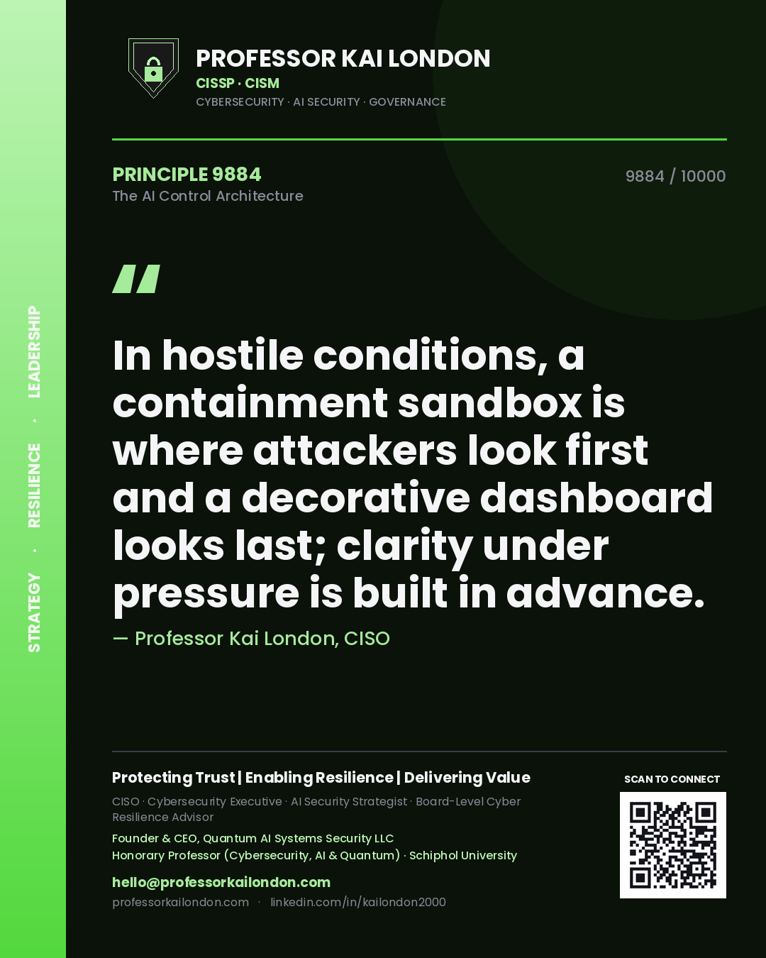 Quote card by Professor Kai London reading 'In hostile conditions, a containment sandbox is where attackers look first and a decorative dashboard looks last; clarity under pressure is built in advance.'. From the book The AI Control Architecture.