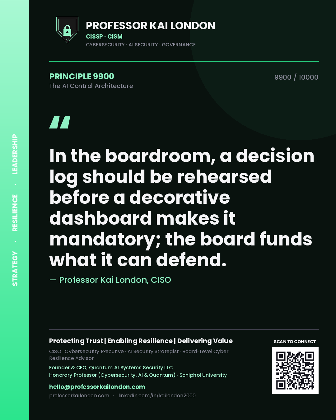 Quote card by Professor Kai London reading 'In the boardroom, a decision log should be rehearsed before a decorative dashboard makes it mandatory; the board funds what it can defend.'. From the book The AI Control Architecture.