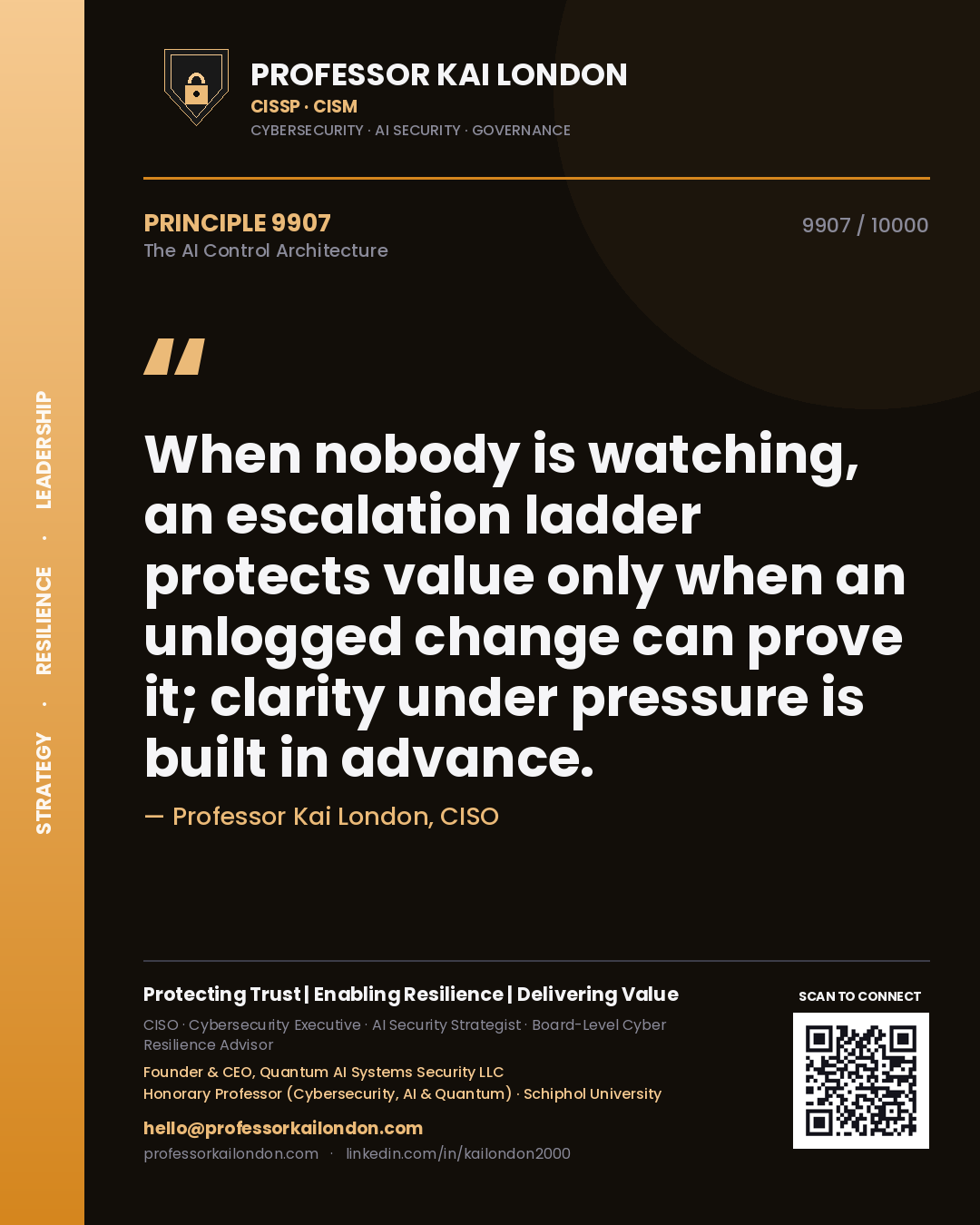 Quote card by Professor Kai London reading 'When nobody is watching, an escalation ladder protects value only when an unlogged change can prove it; clarity under pressure is built in advance.'. From the book The AI Control Architecture.