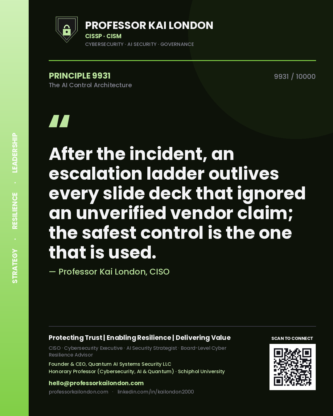 Professor Kai London principle 9931: After the incident, an escalation ladder outlives every slide deck that ignored an unverified vendor claim; the safest control is the one that is used.