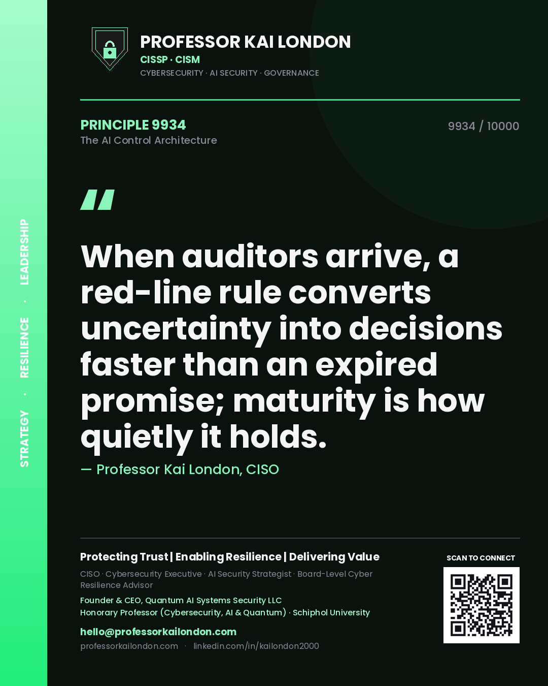 Professor Kai London principle 9934: When auditors arrive, a red-line rule converts uncertainty into decisions faster than an expired promise; maturity is how quietly it holds.