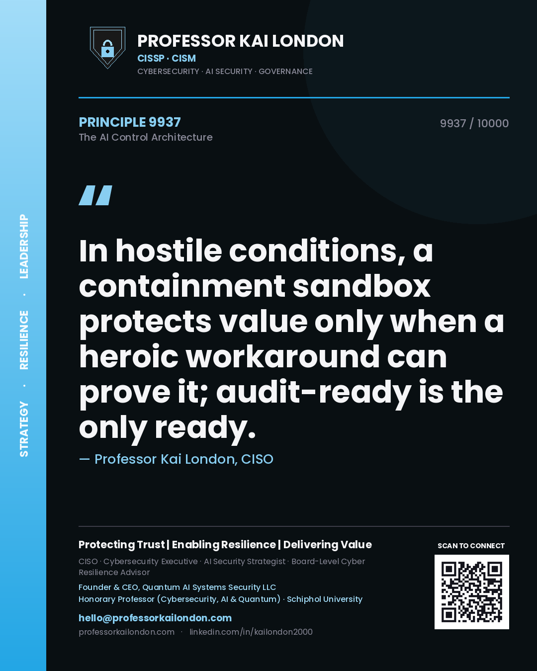 Professor Kai London principle 9937: In hostile conditions, a containment sandbox protects value only when a heroic workaround can prove it; audit-ready is the only ready.