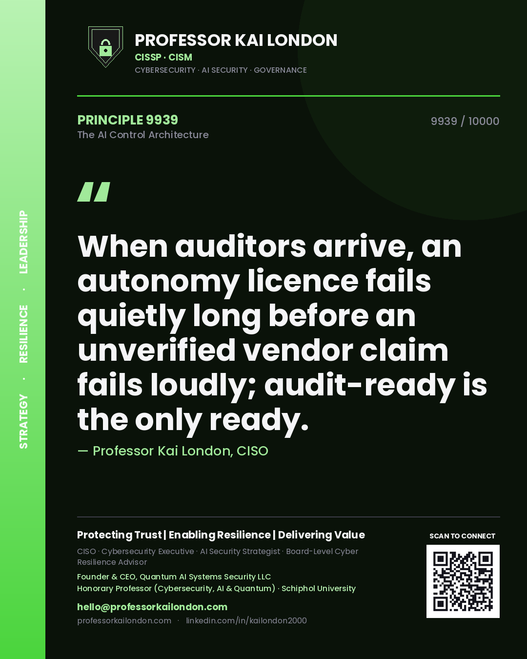 Professor Kai London principle 9939: When auditors arrive, an autonomy licence fails quietly long before an unverified vendor claim fails loudly; audit-ready is the only ready.