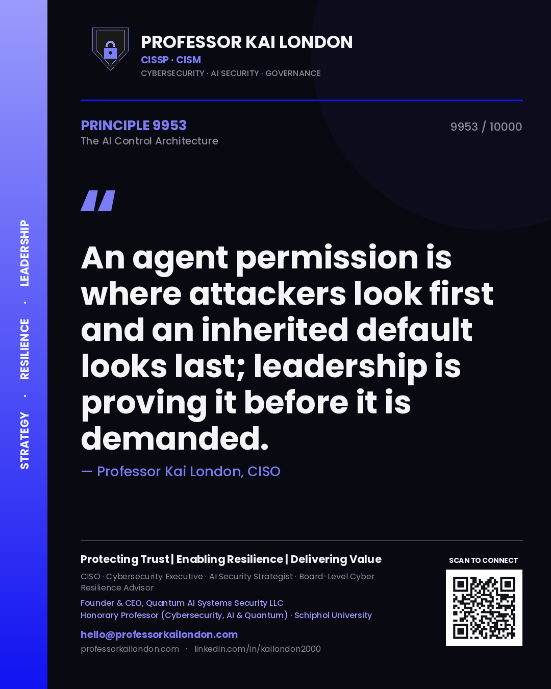 Professor Kai London principle 9953: An agent permission is where attackers look first and an inherited default looks last; leadership is proving it before it is demanded.