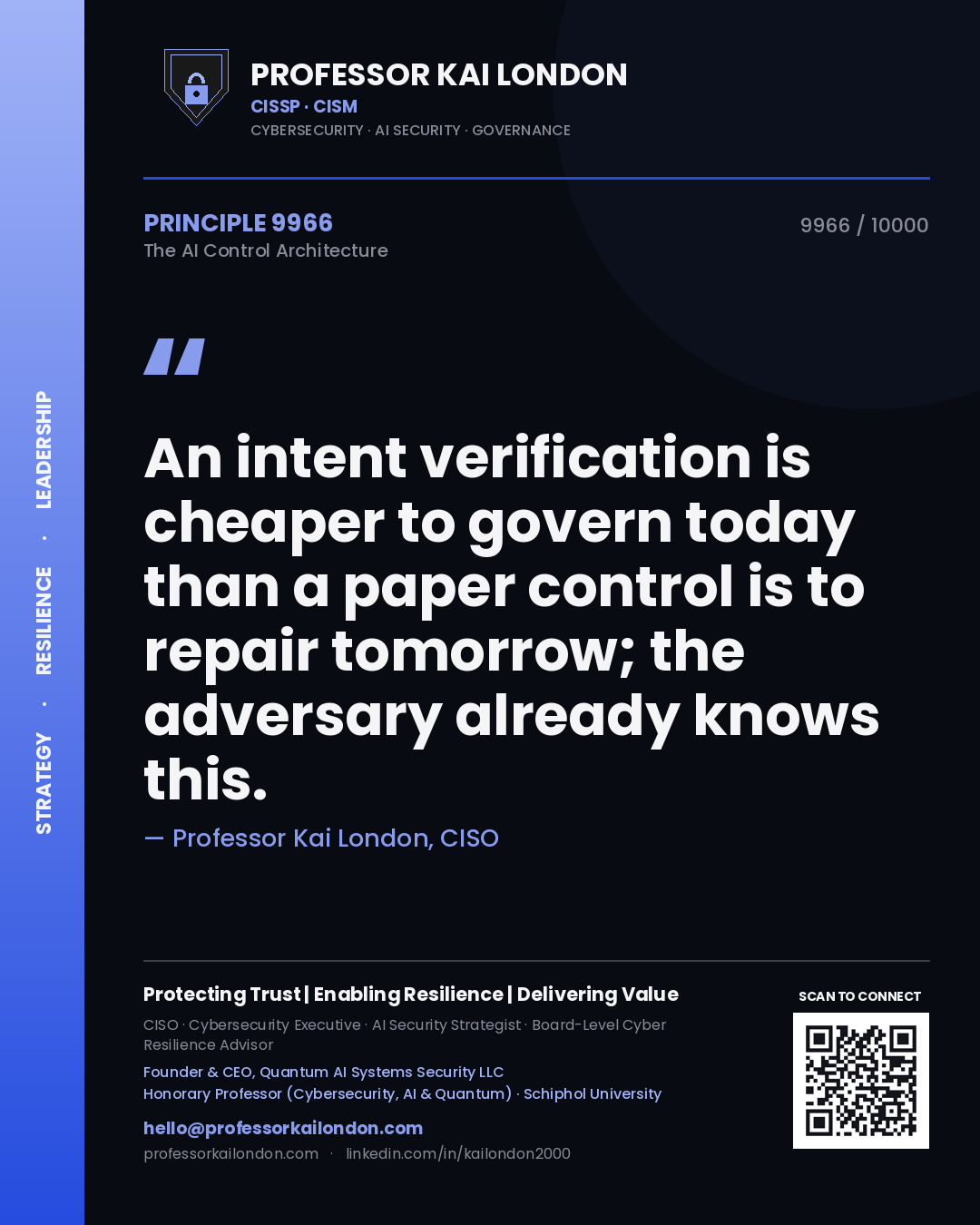 Professor Kai London principle 9966: An intent verification is cheaper to govern today than a paper control is to repair tomorrow; the adversary already knows this.