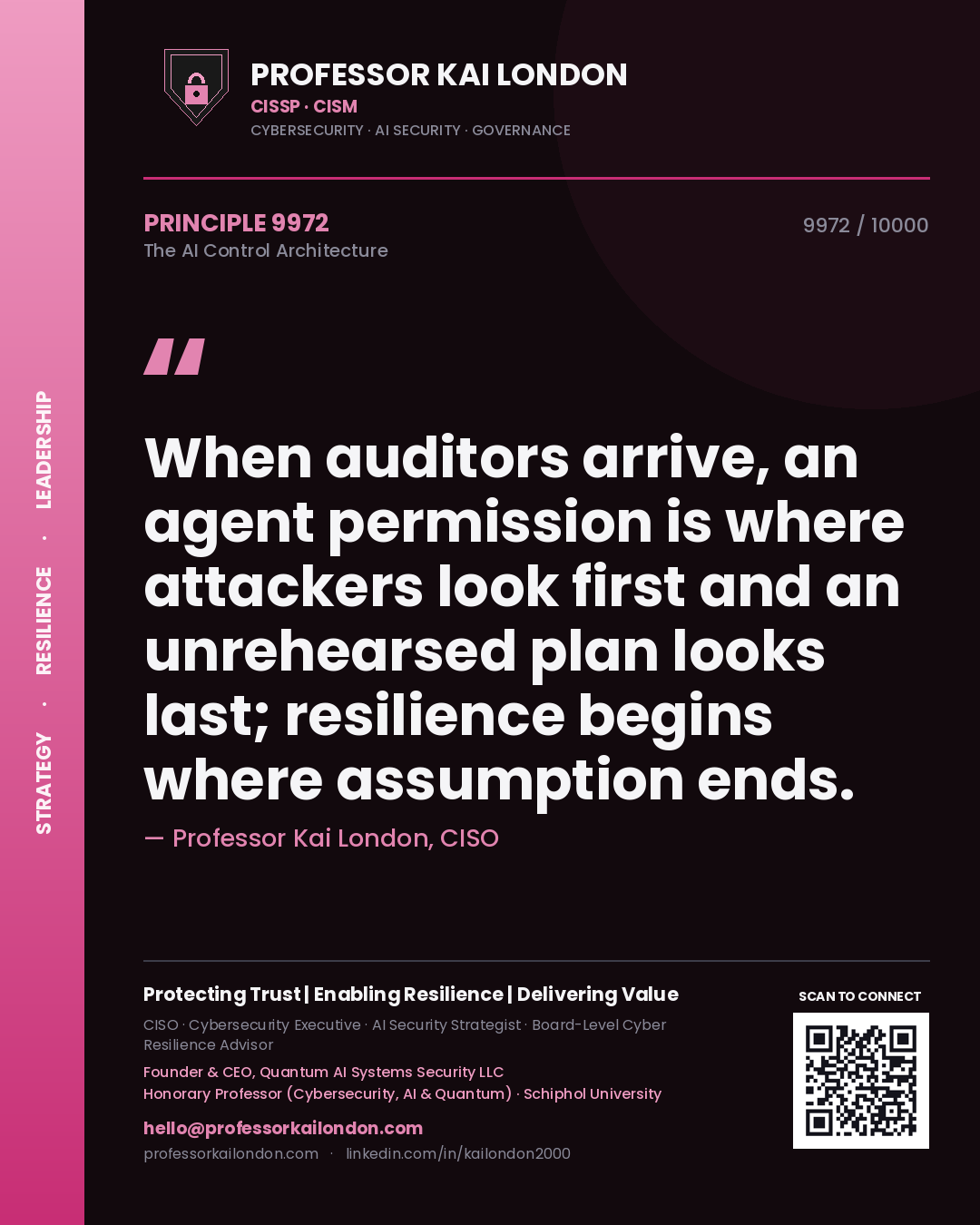 Professor Kai London principle 9972: When auditors arrive, an agent permission is where attackers look first and an unrehearsed plan looks last; resilience begins where assumption ends.