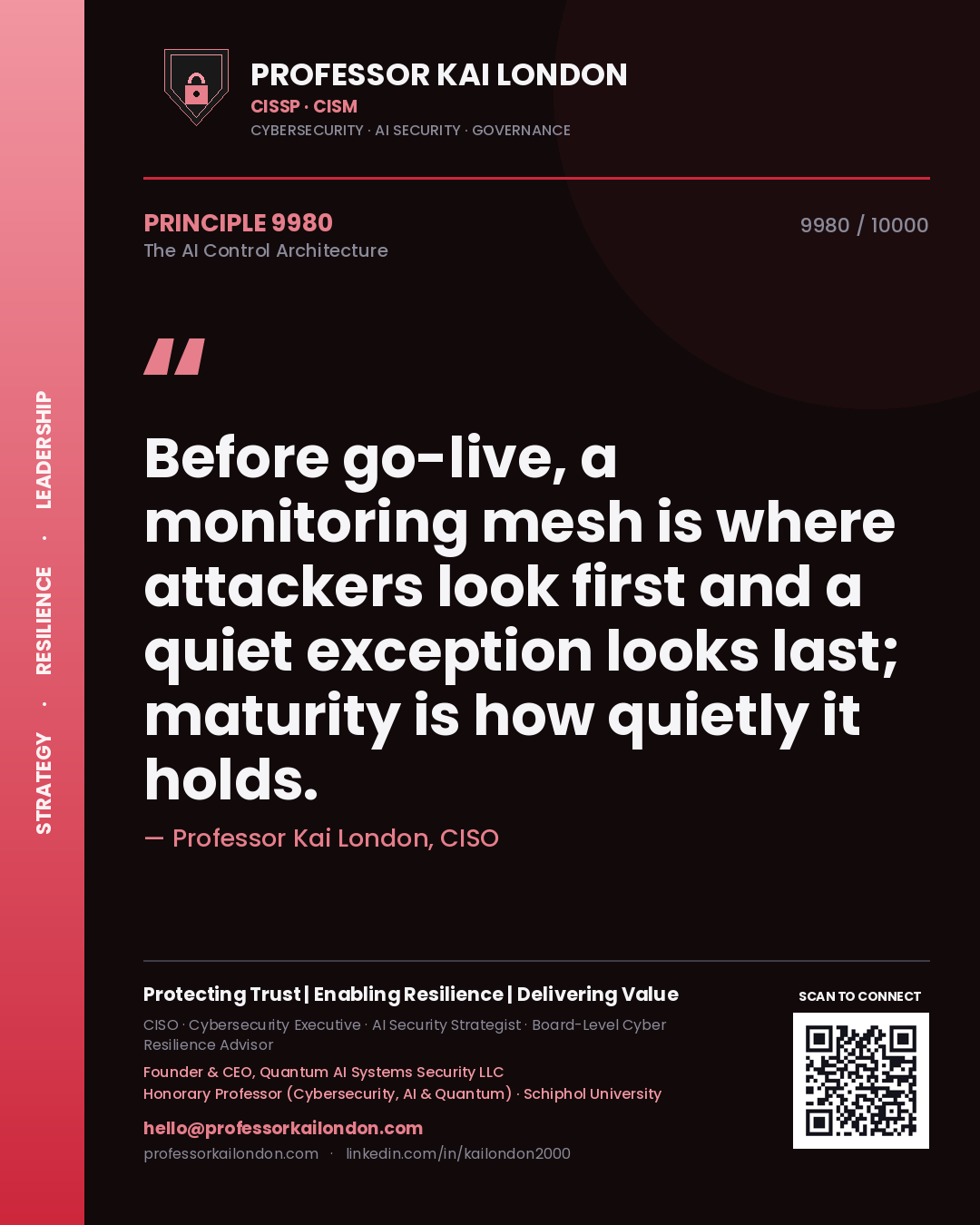 Professor Kai London principle 9980: Before go-live, a monitoring mesh is where attackers look first and a quiet exception looks last; maturity is how quietly it holds.