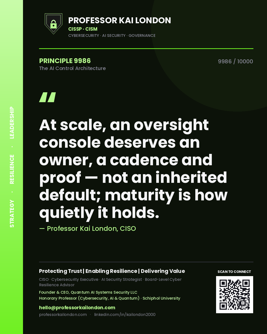 Professor Kai London principle 9986: At scale, an oversight console deserves an owner, a cadence and proof — not an inherited default; maturity is how quietly it holds.