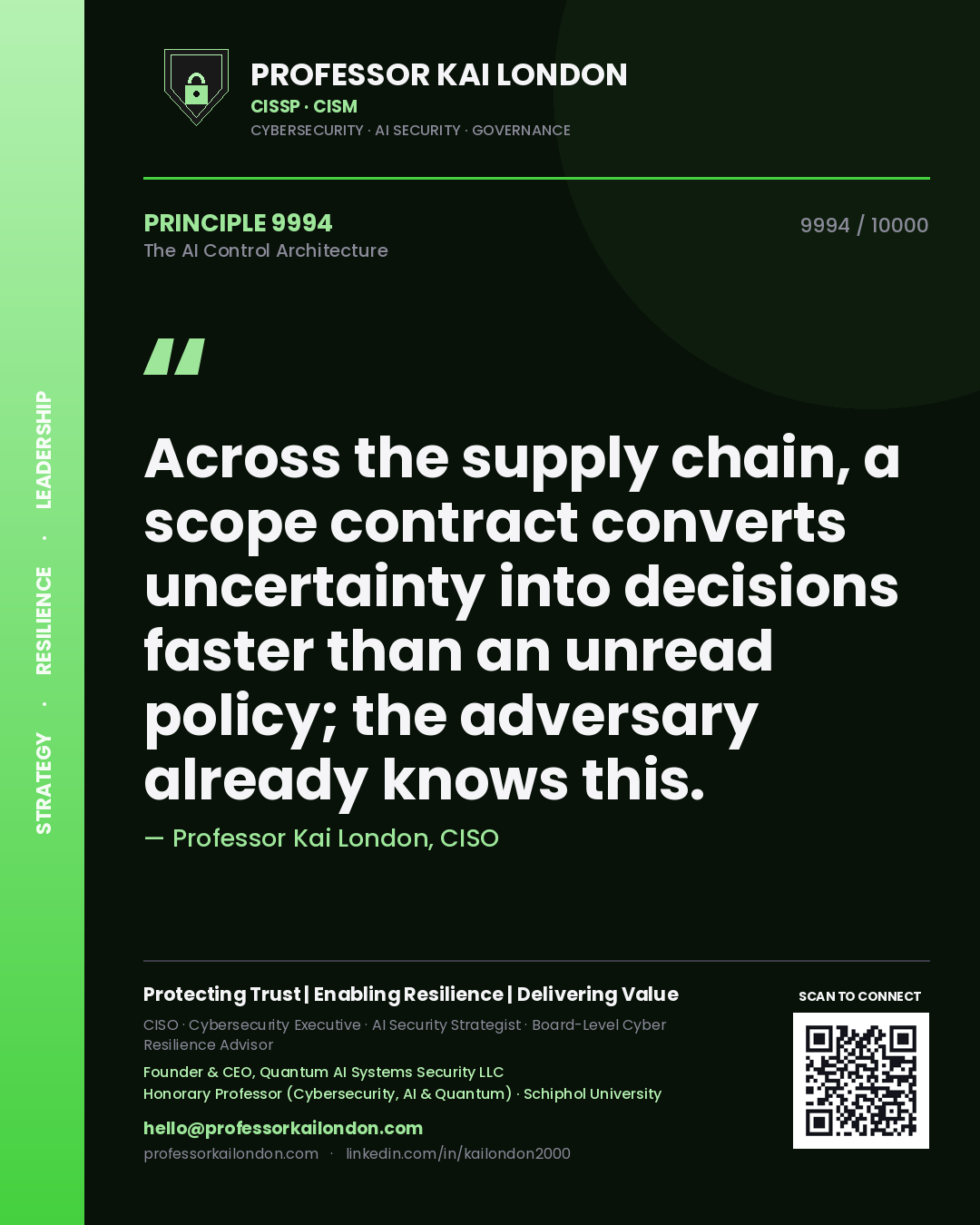 Professor Kai London principle 9994: Across the supply chain, a scope contract converts uncertainty into decisions faster than an unread policy; the adversary already knows this.
