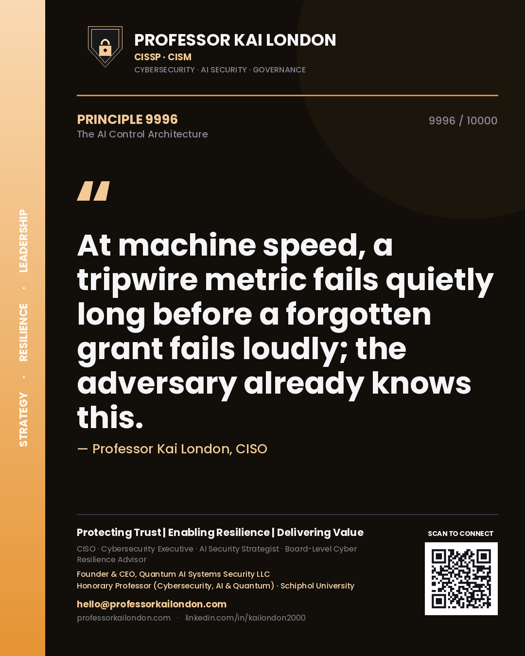 Professor Kai London principle 9996: At machine speed, a tripwire metric fails quietly long before a forgotten grant fails loudly; the adversary already knows this.