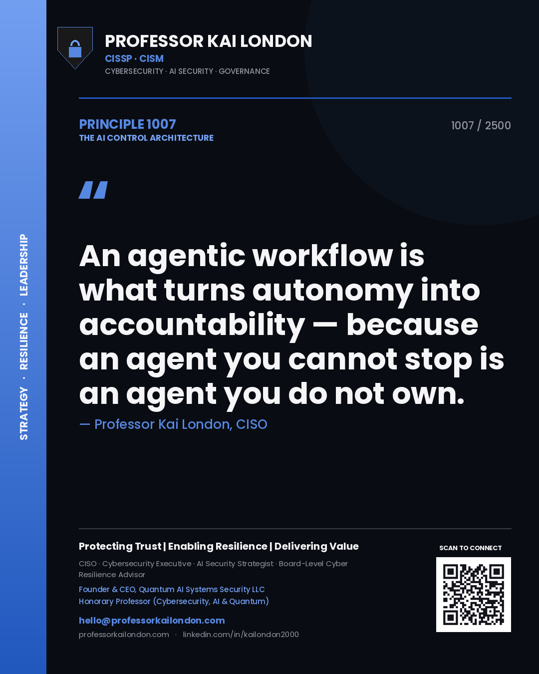 Professor Kai London principle 1007: An agentic workflow is what turns autonomy into accountability — because an agent you cannot stop is an agent you do not own.