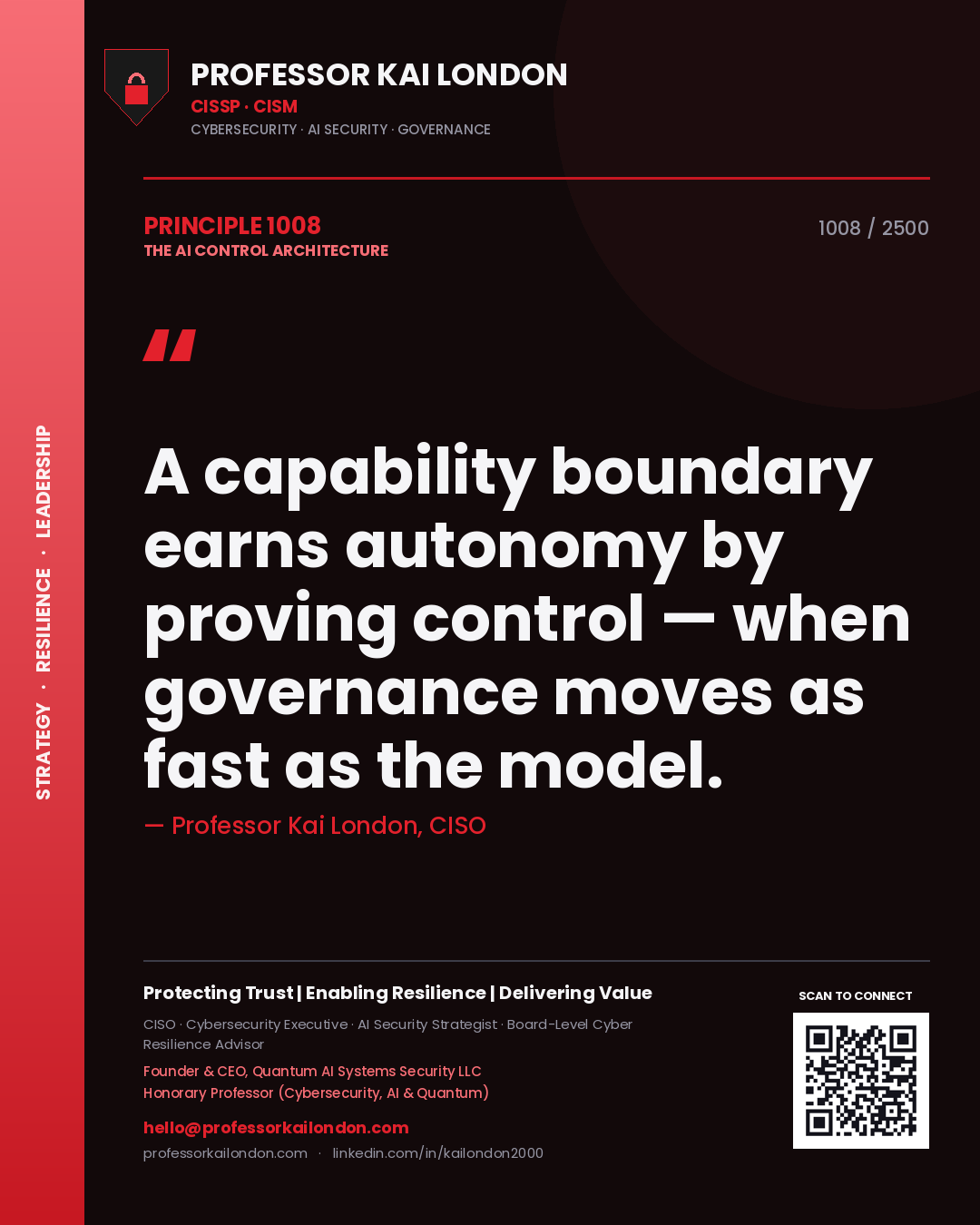 Quote card by Professor Kai London reading 'A capability boundary earns autonomy by proving control — when governance moves as fast as the model.'. From the book The AI Control Architecture.