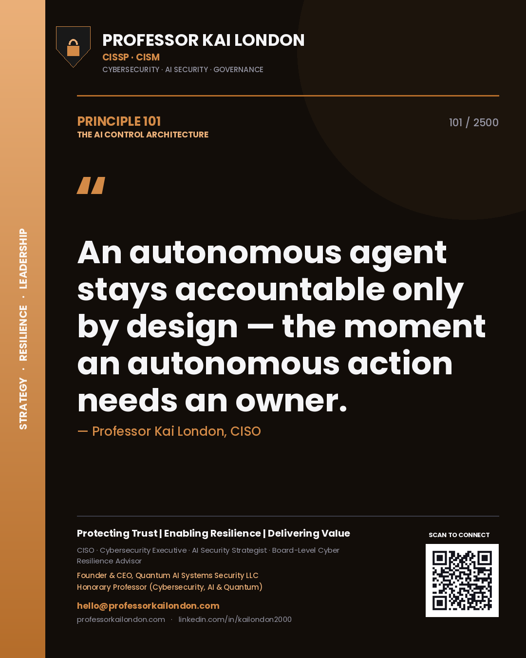 Quote card by Professor Kai London reading 'An autonomous agent stays accountable only by design — the moment an autonomous action needs an owner.'. From the book The AI Control Architecture.
