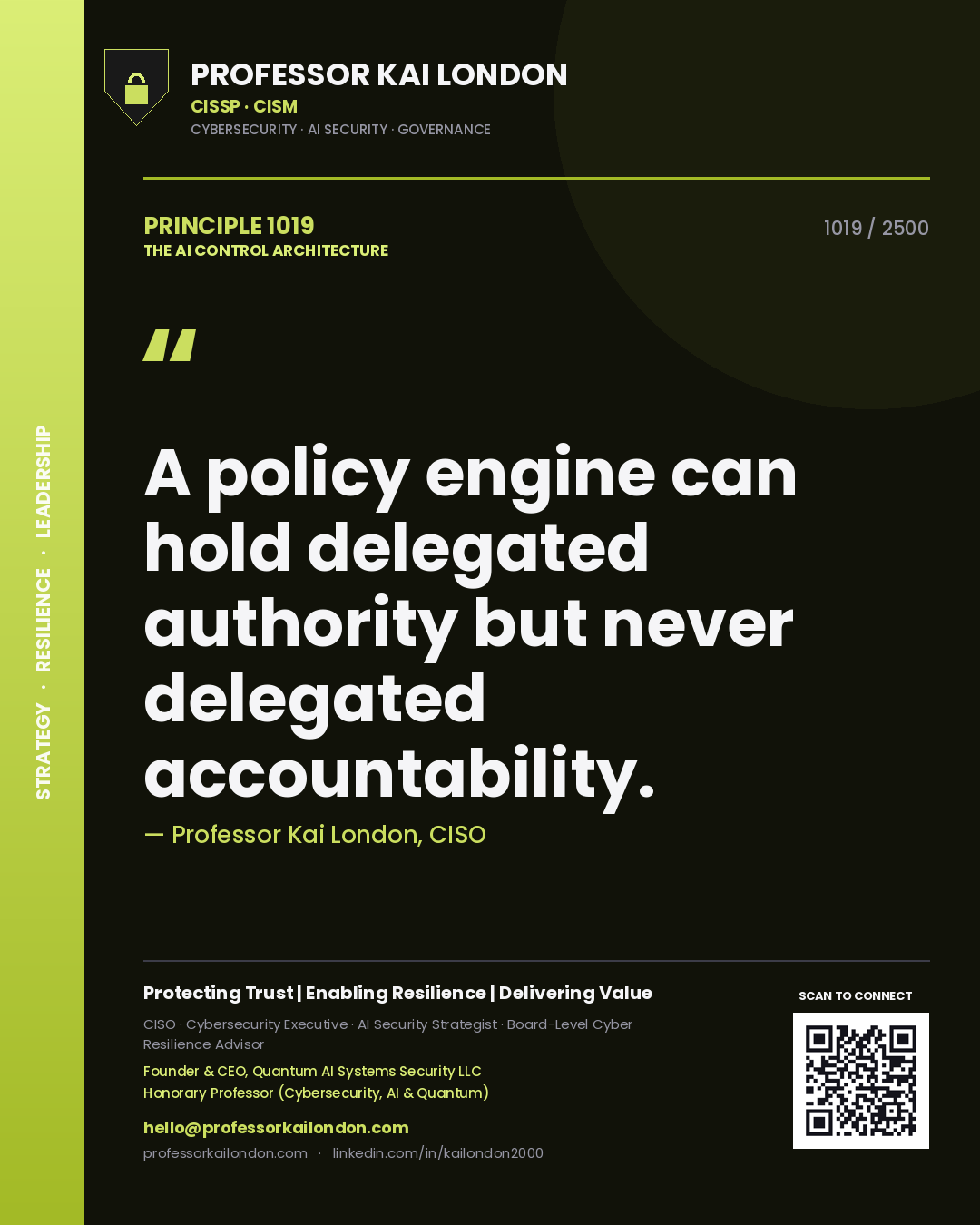 Professor Kai London principle 1019: A policy engine can hold delegated authority but never delegated accountability.