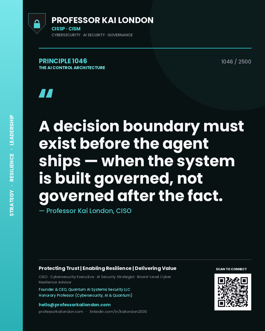Professor Kai London principle 1046: A decision boundary must exist before the agent ships — when the system is built governed, not governed after the fact.