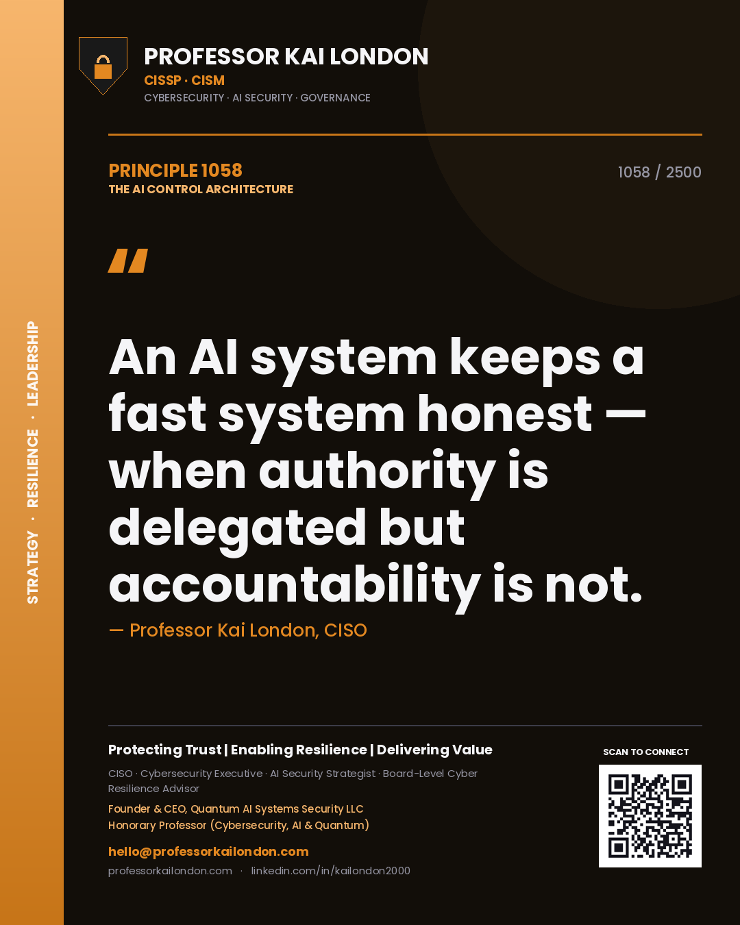 Quote card by Professor Kai London reading 'An AI system keeps a fast system honest — when authority is delegated but accountability is not.'. From the book The AI Control Architecture.
