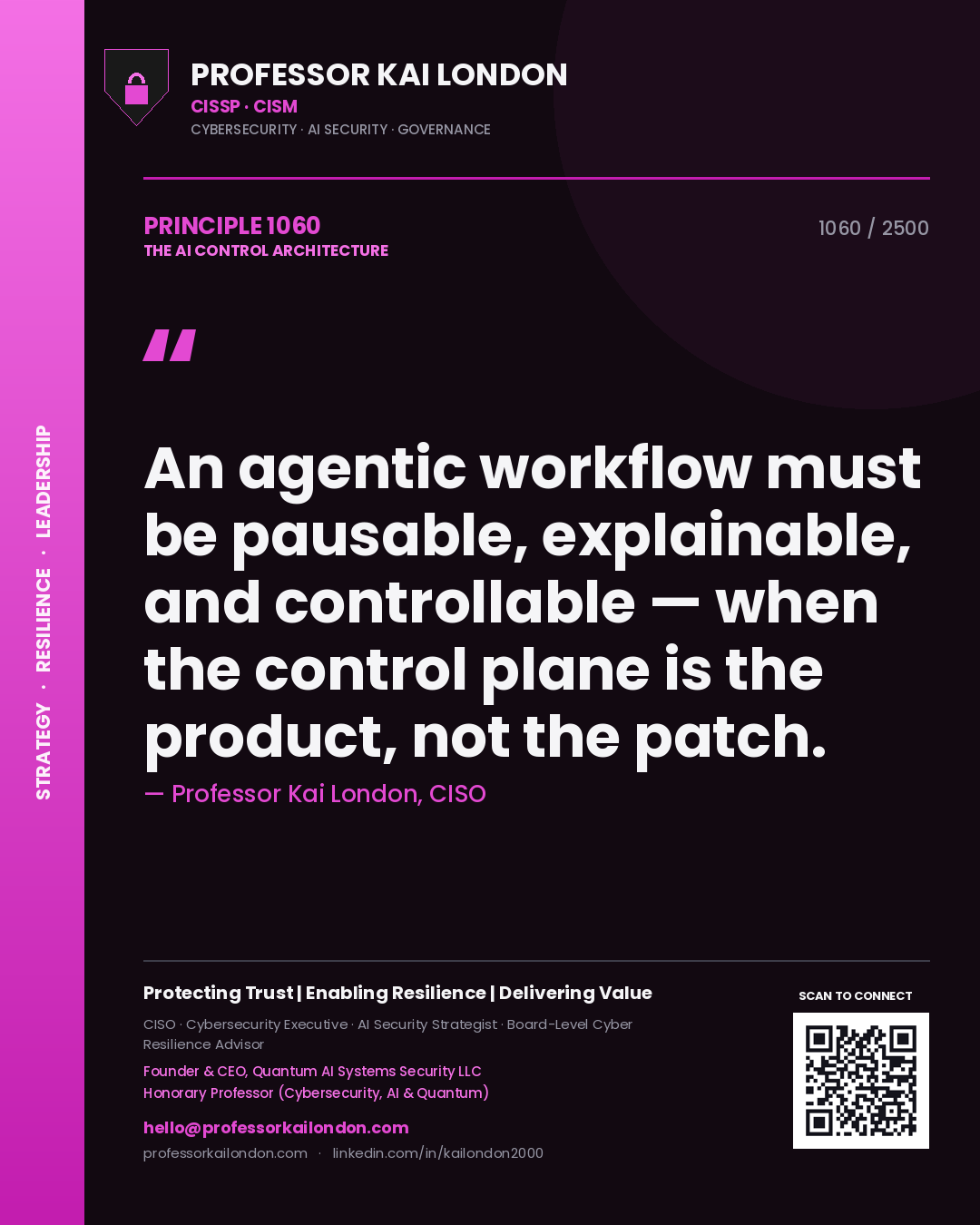 Quote card by Professor Kai London reading 'An agentic workflow must be pausable, explainable, and controllable — when the control plane is the product, not the patch.'. From the book The AI Control Architecture.