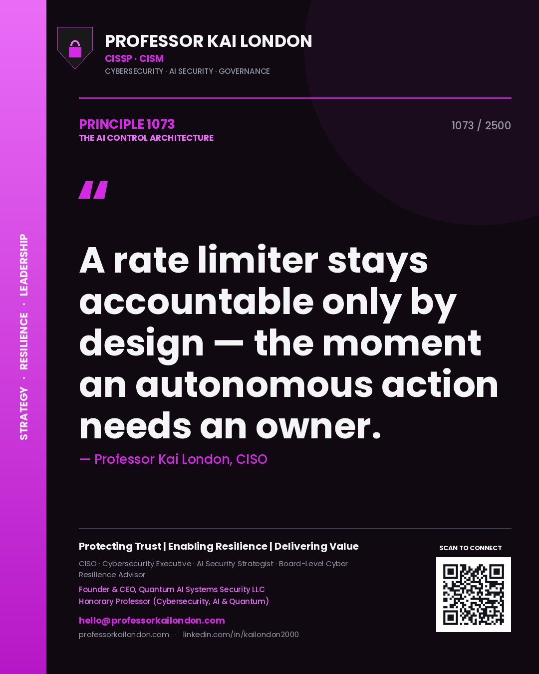 Professor Kai London principle 1073: A rate limiter stays accountable only by design — the moment an autonomous action needs an owner.