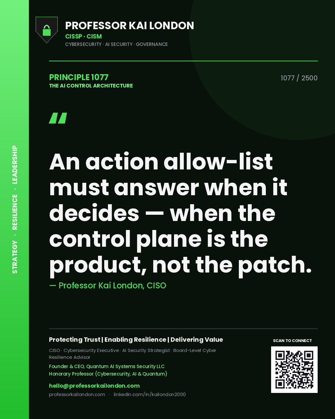 Professor Kai London principle 1077: An action allow-list must answer when it decides — when the control plane is the product, not the patch.