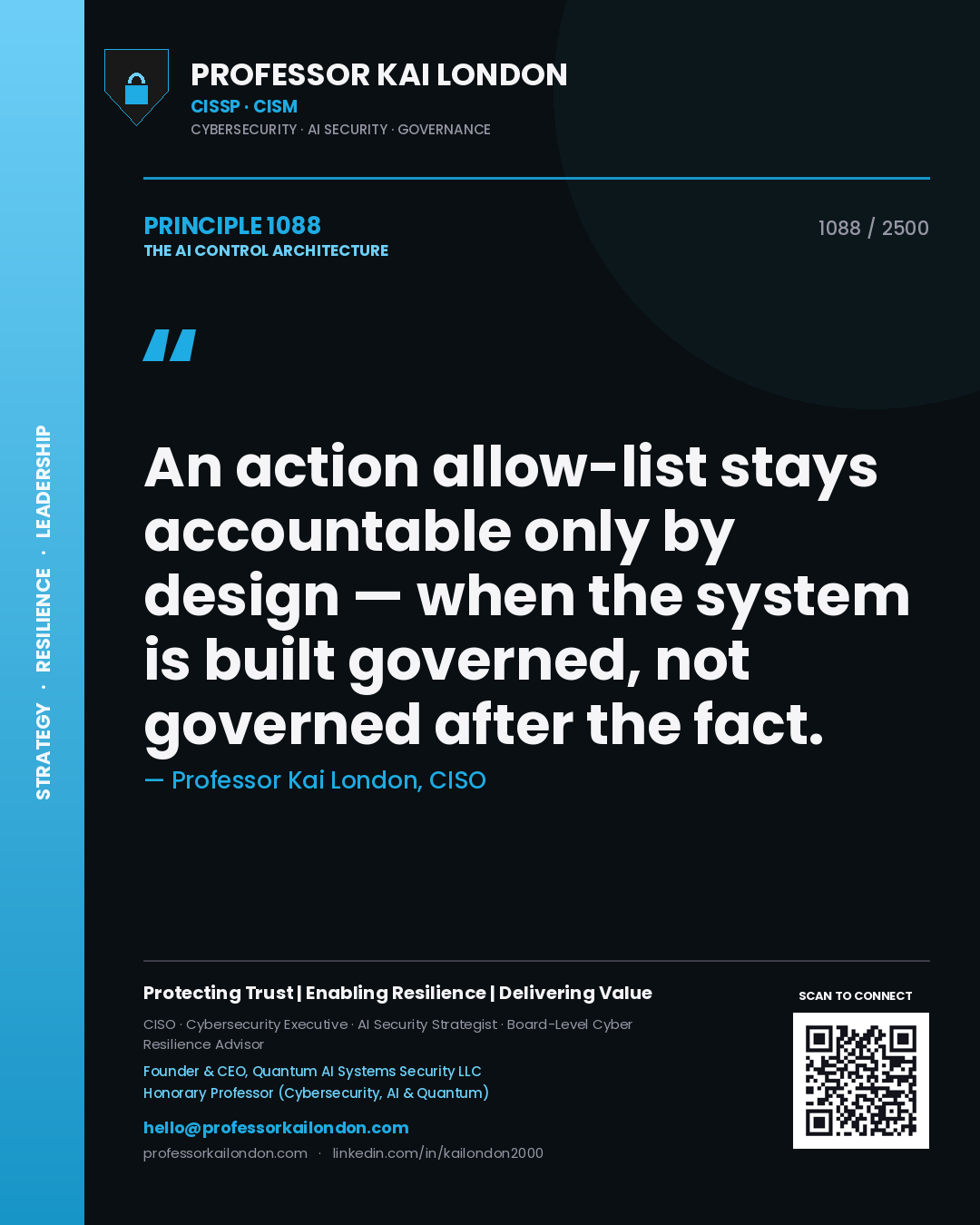 Quote card by Professor Kai London reading 'An action allow-list stays accountable only by design — when the system is built governed, not governed after the fact.'. From the book The AI Control Architecture.