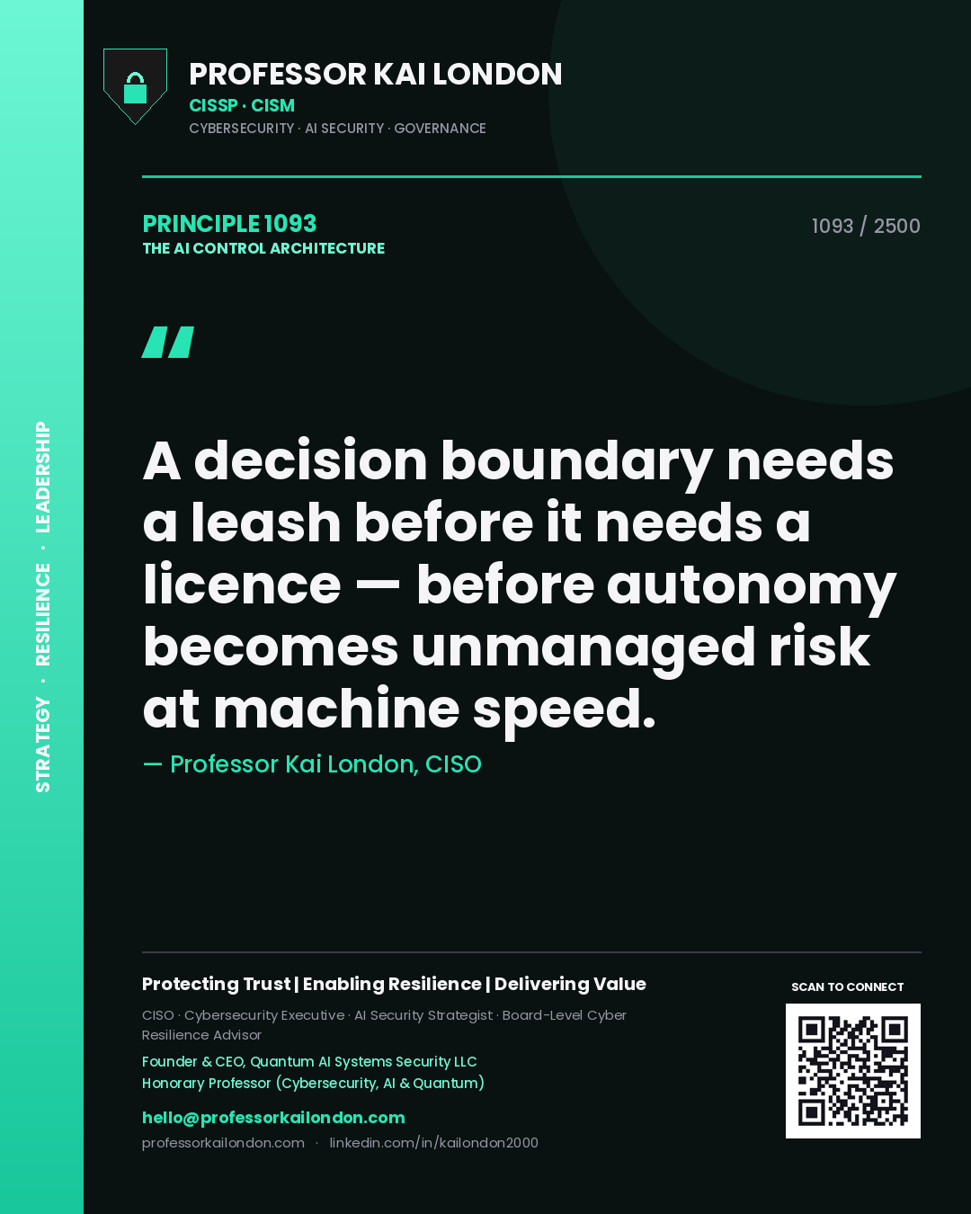 Quote card by Professor Kai London reading 'A decision boundary needs a leash before it needs a licence — before autonomy becomes unmanaged risk at machine speed.'. From the book The AI Control Architecture.