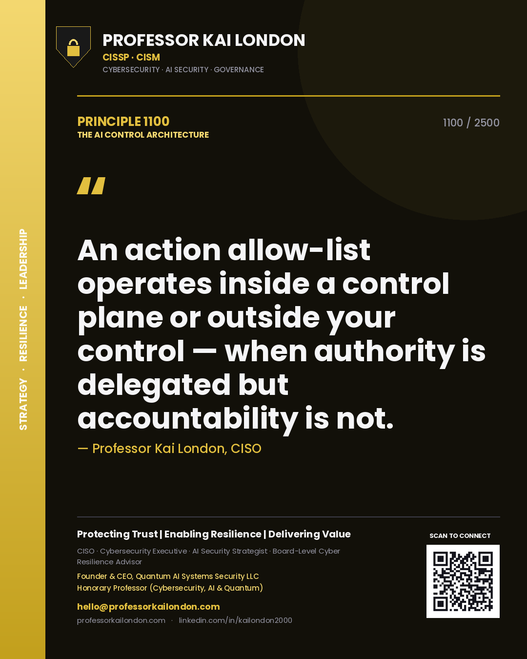 Professor Kai London principle 1100: An action allow-list operates inside a control plane or outside your control — when authority is delegated but accountability is not.