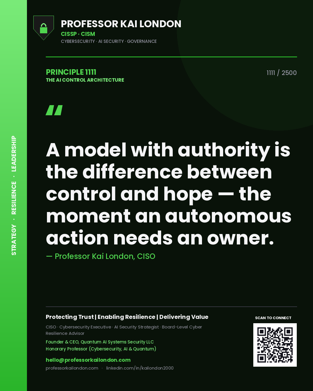 Quote card by Professor Kai London reading 'A model with authority is the difference between control and hope — the moment an autonomous action needs an owner.'. From the book The AI Control Architecture.