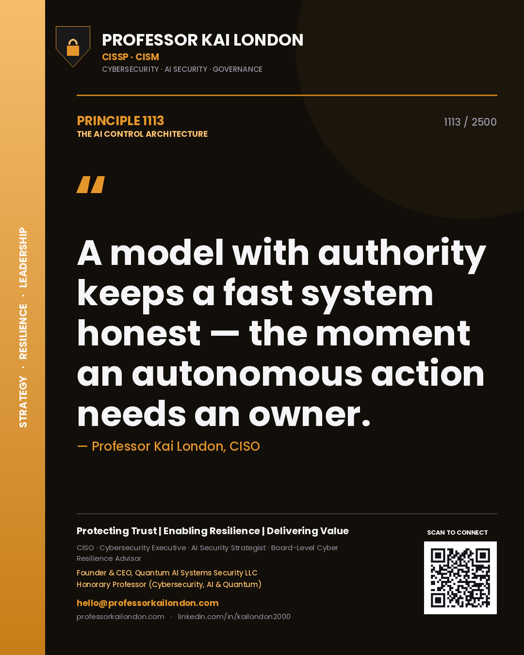 Quote card by Professor Kai London reading 'A model with authority keeps a fast system honest — the moment an autonomous action needs an owner.'. From the book The AI Control Architecture.