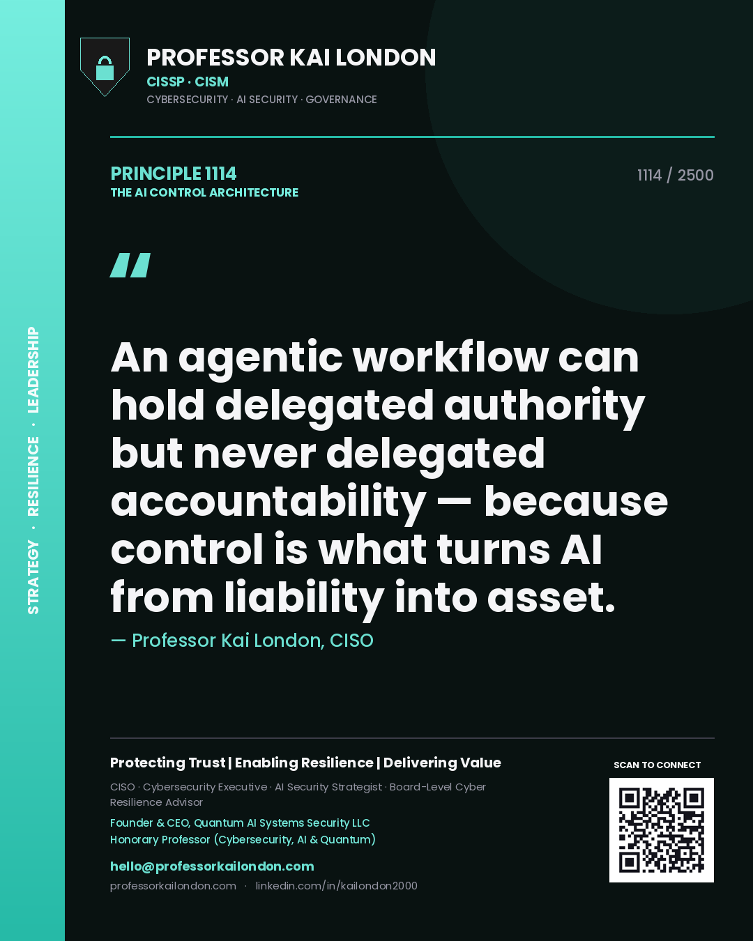 Professor Kai London principle 1114: An agentic workflow can hold delegated authority but never delegated accountability — because control is what turns AI from liability into asset.