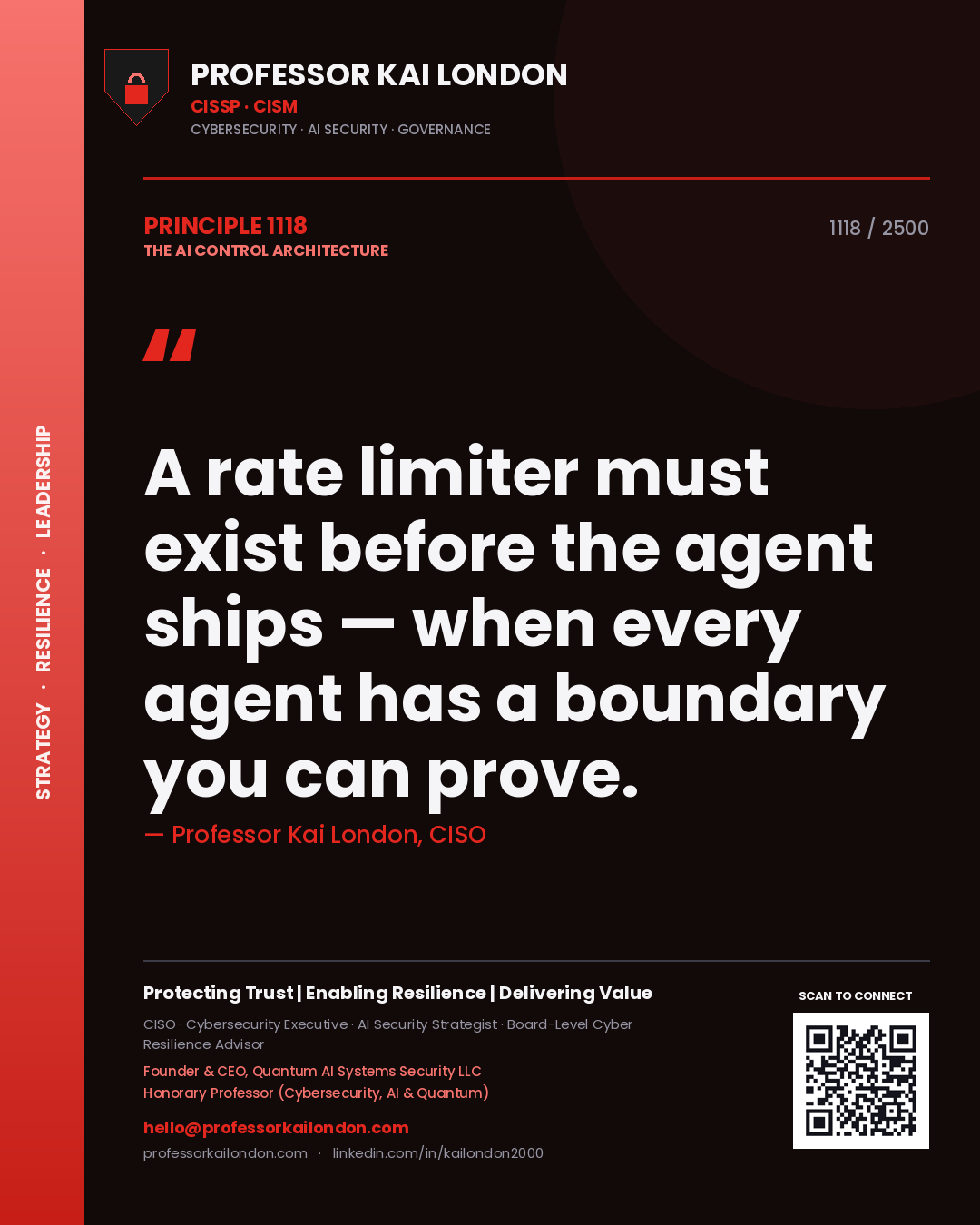 Professor Kai London principle 1118: A rate limiter must exist before the agent ships — when every agent has a boundary you can prove.