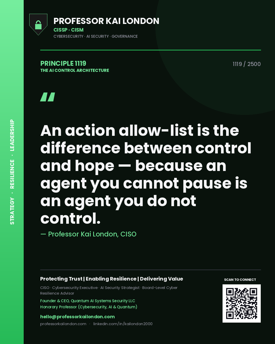 Quote card by Professor Kai London reading 'An action allow-list is the difference between control and hope — because an agent you cannot pause is an agent you do not control.'. From the book The AI Control Architecture.