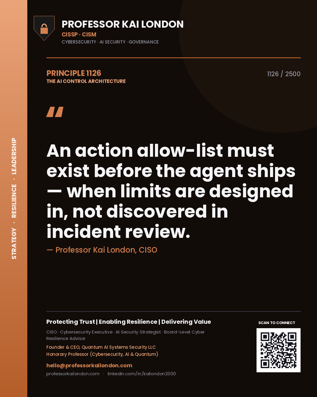 Professor Kai London principle 1126: An action allow-list must exist before the agent ships — when limits are designed in, not discovered in incident review.