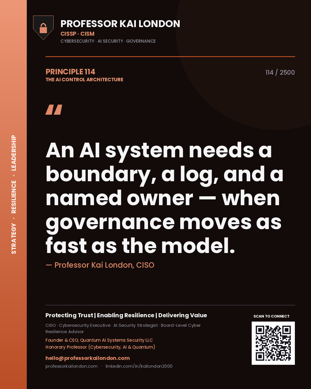 Professor Kai London principle 114: An AI system needs a boundary, a log, and a named owner — when governance moves as fast as the model.