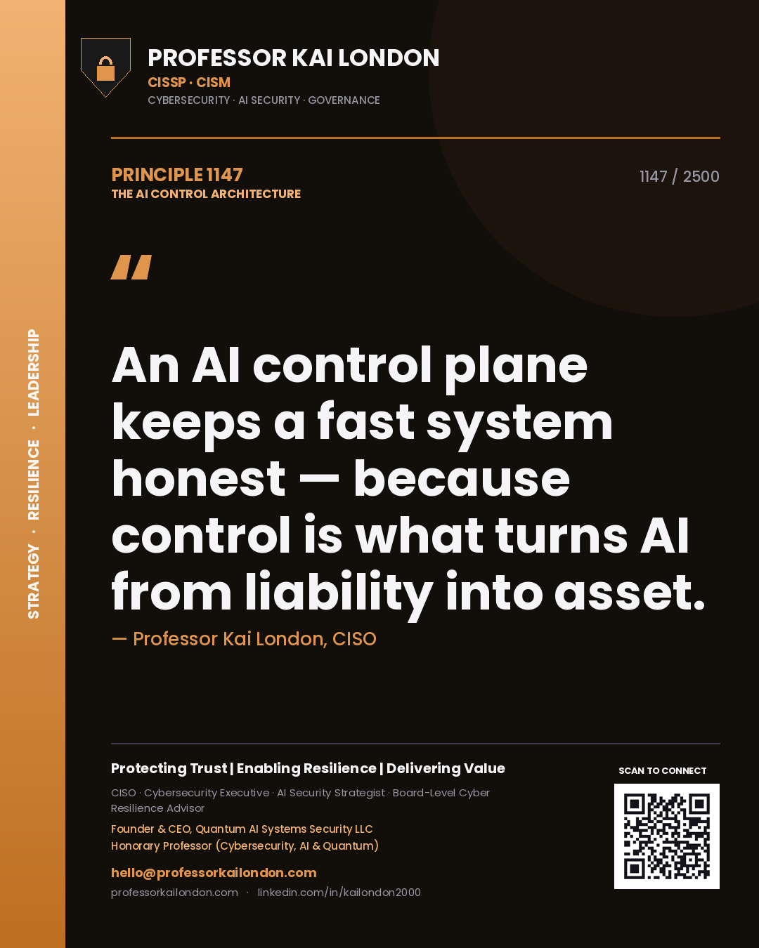 Quote card by Professor Kai London reading 'An AI control plane keeps a fast system honest — because control is what turns AI from liability into asset.'. From the book The AI Control Architecture.