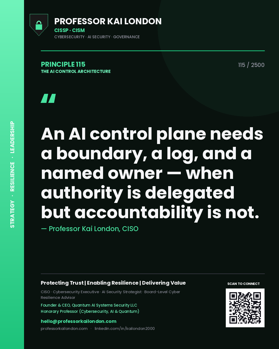 Quote card by Professor Kai London reading 'An AI control plane needs a boundary, a log, and a named owner — when authority is delegated but accountability is not.'. From the book The AI Control Architecture.
