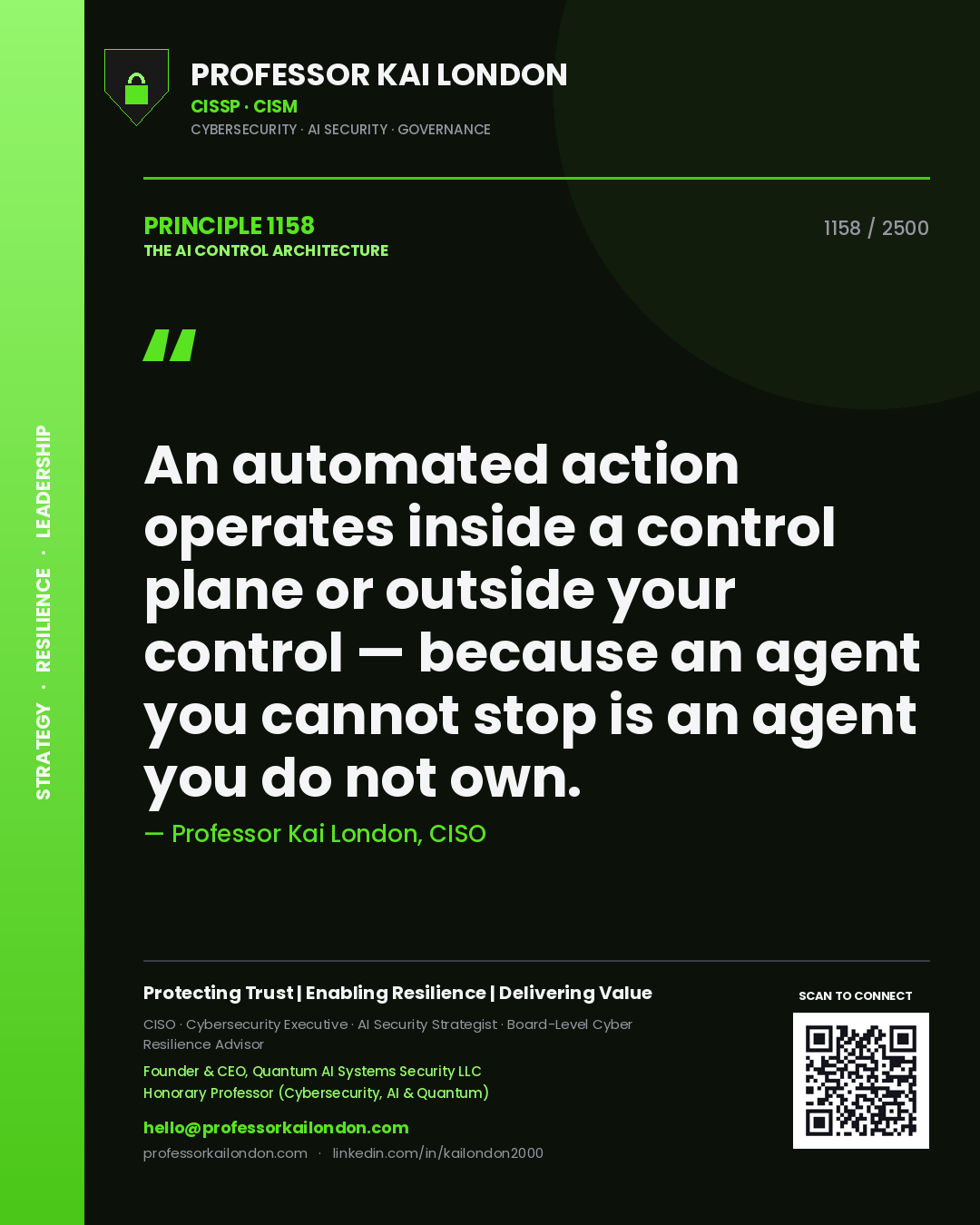Quote card by Professor Kai London reading 'An automated action operates inside a control plane or outside your control — because an agent you cannot stop is an agent you do not own.'. From the book The AI Control Architecture.