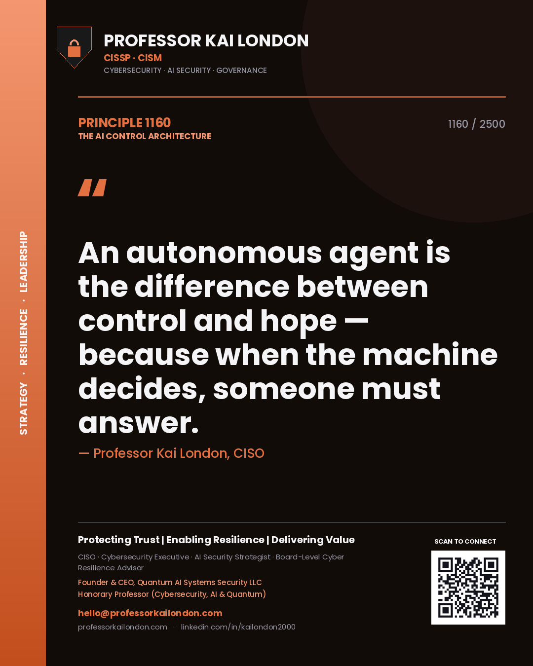 Professor Kai London principle 1160: An autonomous agent is the difference between control and hope — because when the machine decides, someone must answer.