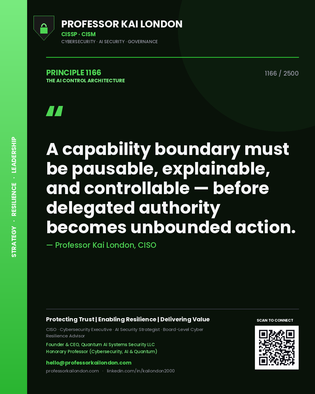 Quote card by Professor Kai London reading 'A capability boundary must be pausable, explainable, and controllable — before delegated authority becomes unbounded action.'. From the book The AI Control Architecture.