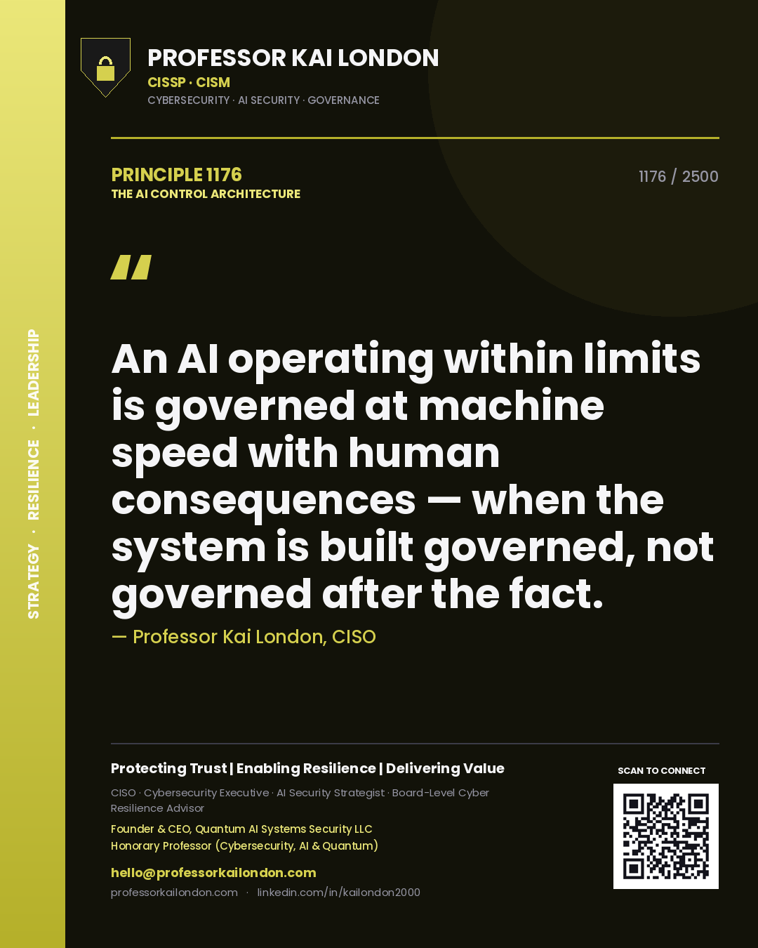 Quote card by Professor Kai London reading 'An AI operating within limits is governed at machine speed with human consequences — when the system is built governed, not governed after the fact.'. From the book The AI Control Architecture.