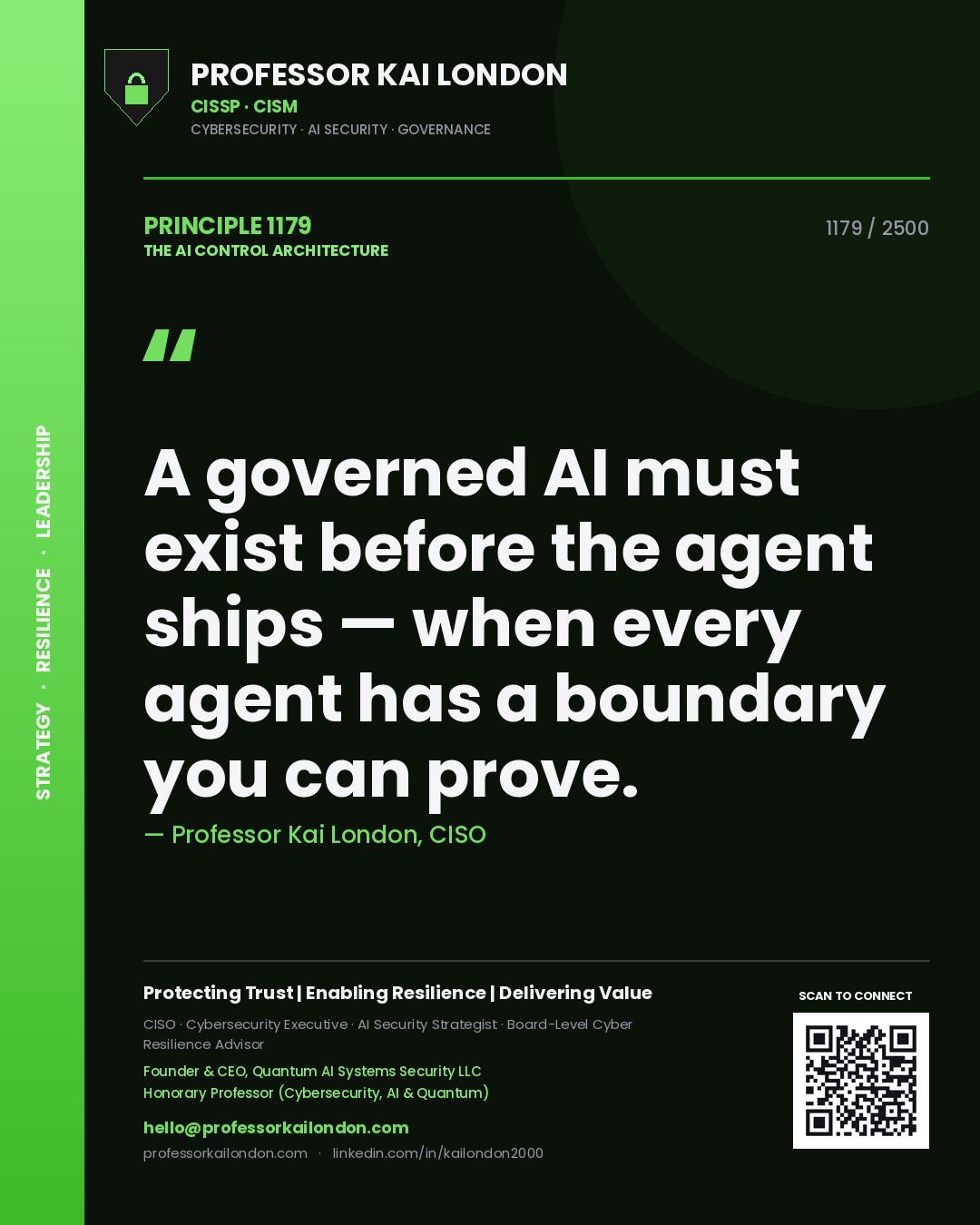 Professor Kai London principle 1179: A governed AI must exist before the agent ships — when every agent has a boundary you can prove.