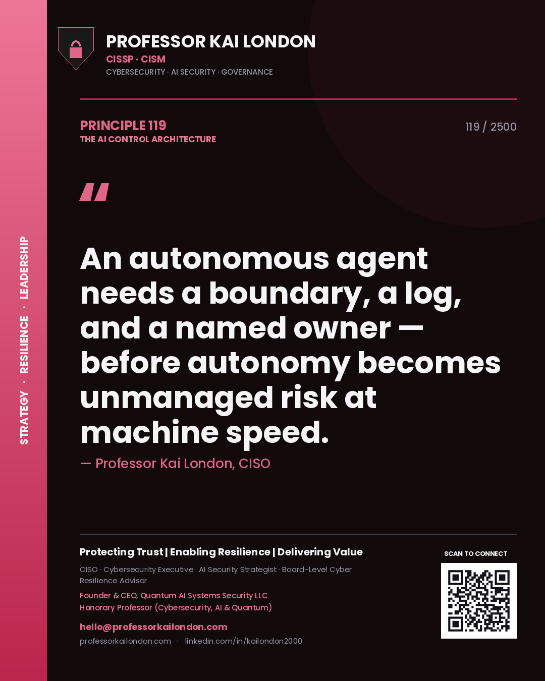Quote card by Professor Kai London reading 'An autonomous agent needs a boundary, a log, and a named owner — before autonomy becomes unmanaged risk at machine speed.'. From the book The AI Control Architecture.