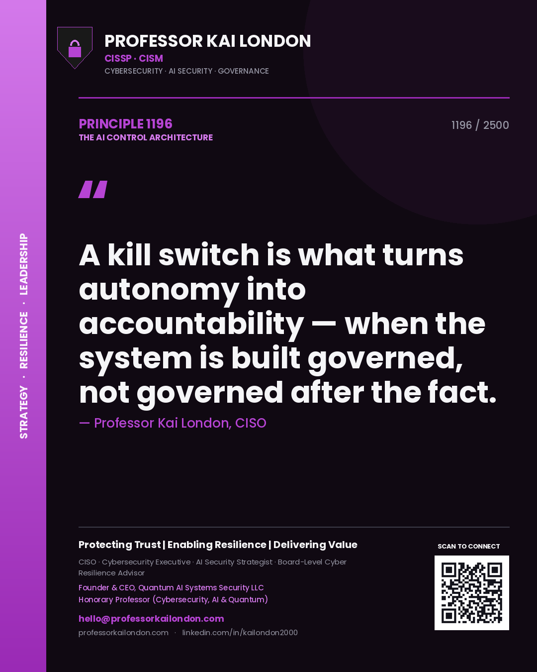 Quote card by Professor Kai London reading 'A kill switch is what turns autonomy into accountability — when the system is built governed, not governed after the fact.'. From the book The AI Control Architecture.