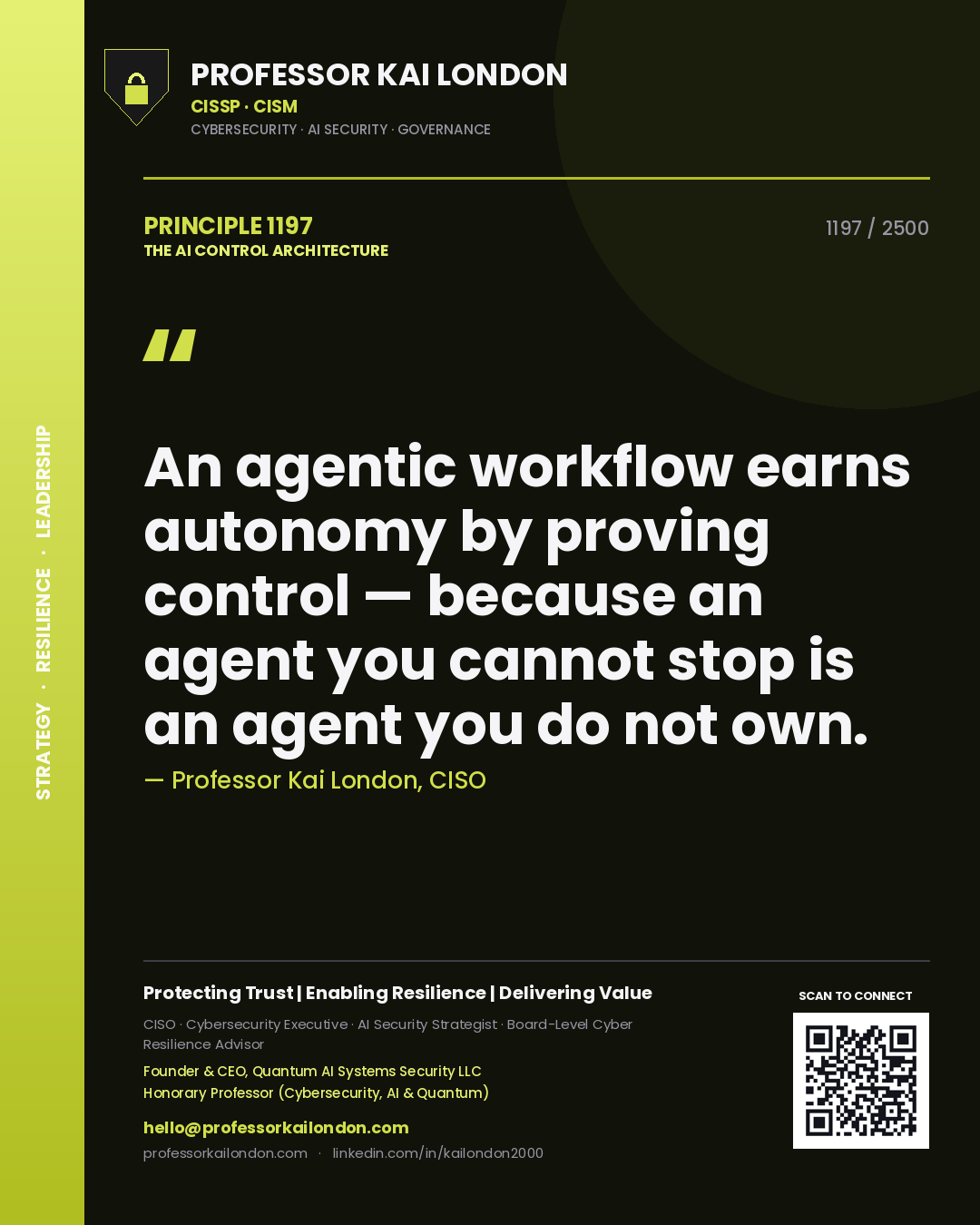 Professor Kai London principle 1197: An agentic workflow earns autonomy by proving control — because an agent you cannot stop is an agent you do not own.