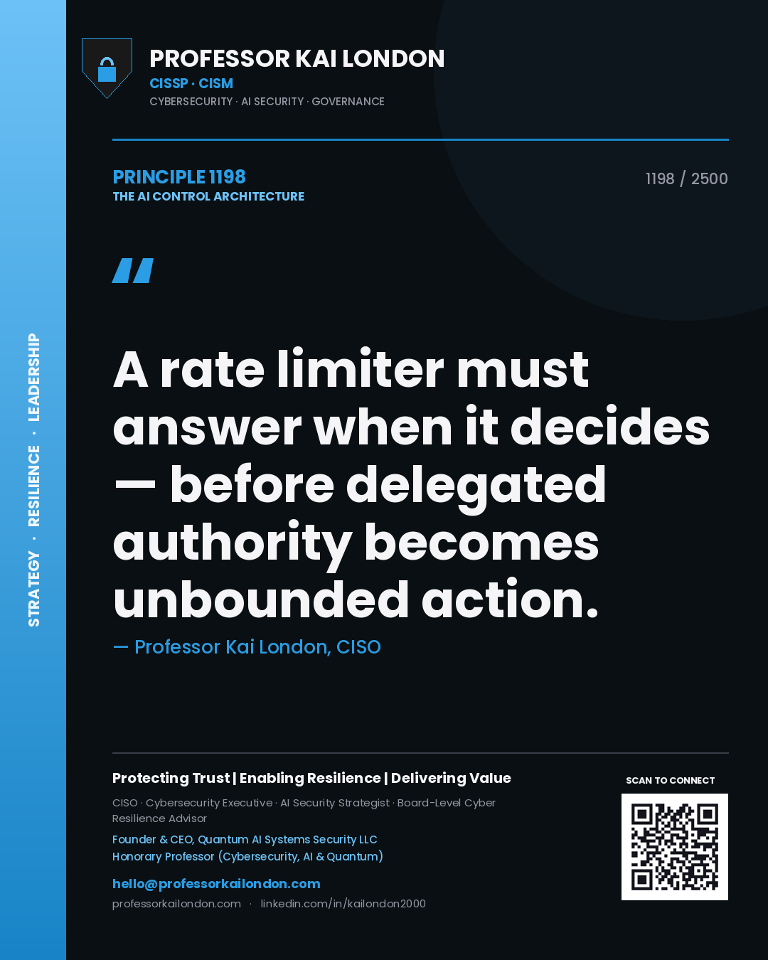 Professor Kai London principle 1198: A rate limiter must answer when it decides — before delegated authority becomes unbounded action.