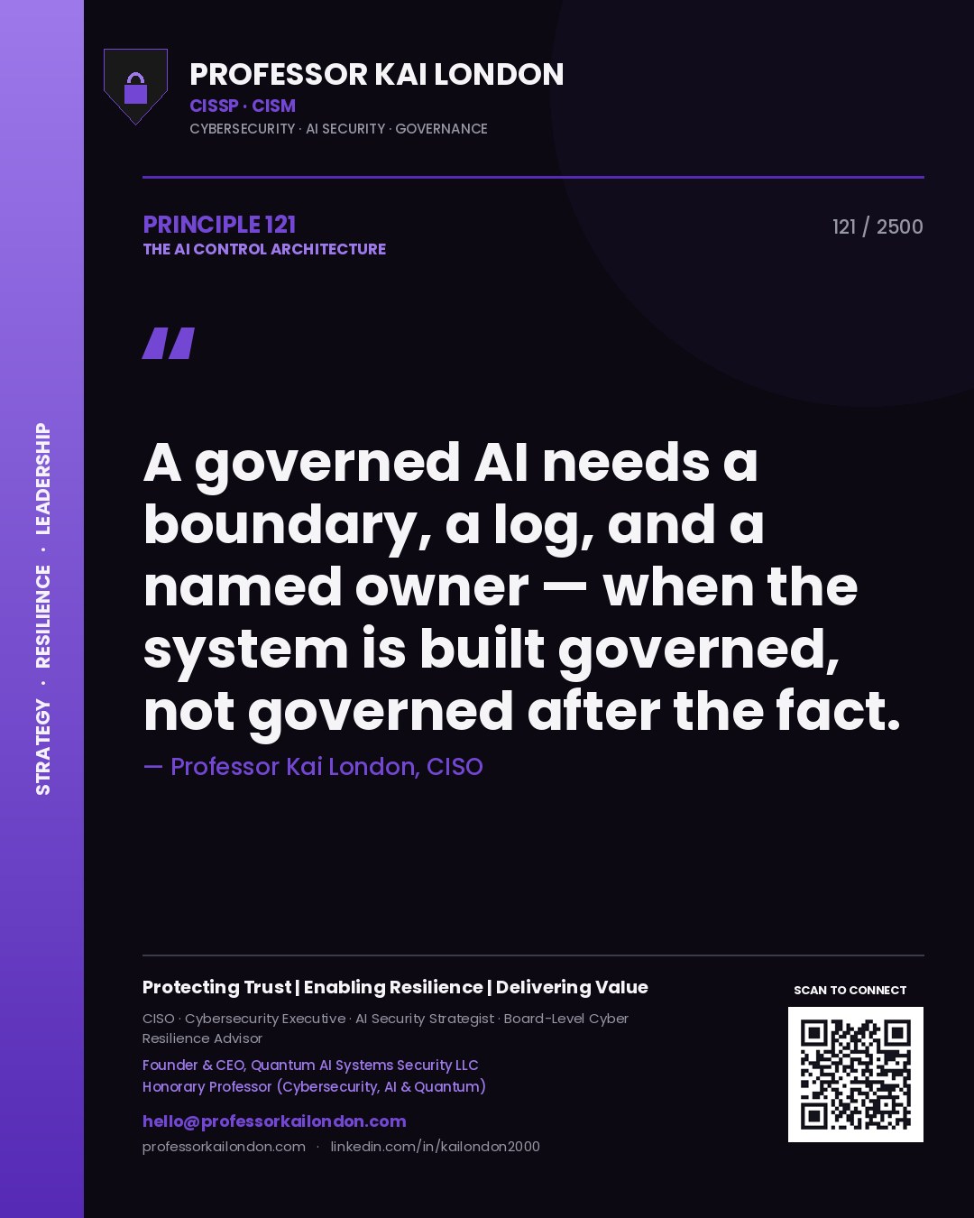 Quote card by Professor Kai London reading 'A governed AI needs a boundary, a log, and a named owner — when the system is built governed, not governed after the fact.'. From the book The AI Control Architecture.