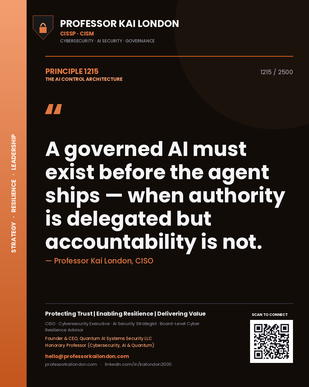Quote card by Professor Kai London reading 'A governed AI must exist before the agent ships — when authority is delegated but accountability is not.'. From the book The AI Control Architecture.