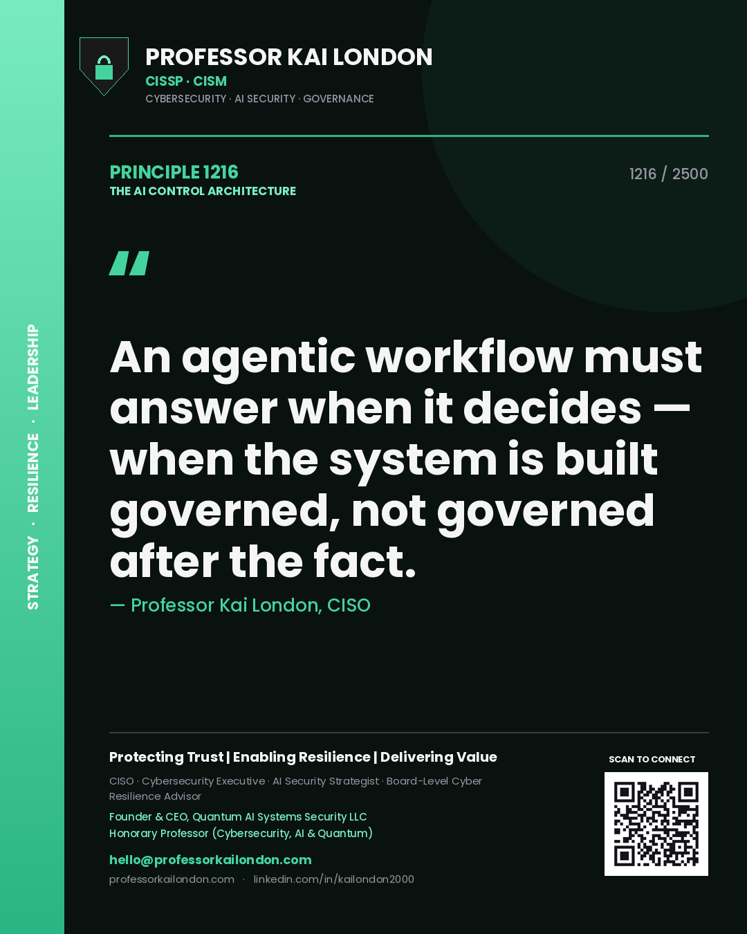 Professor Kai London principle 1216: An agentic workflow must answer when it decides — when the system is built governed, not governed after the fact.