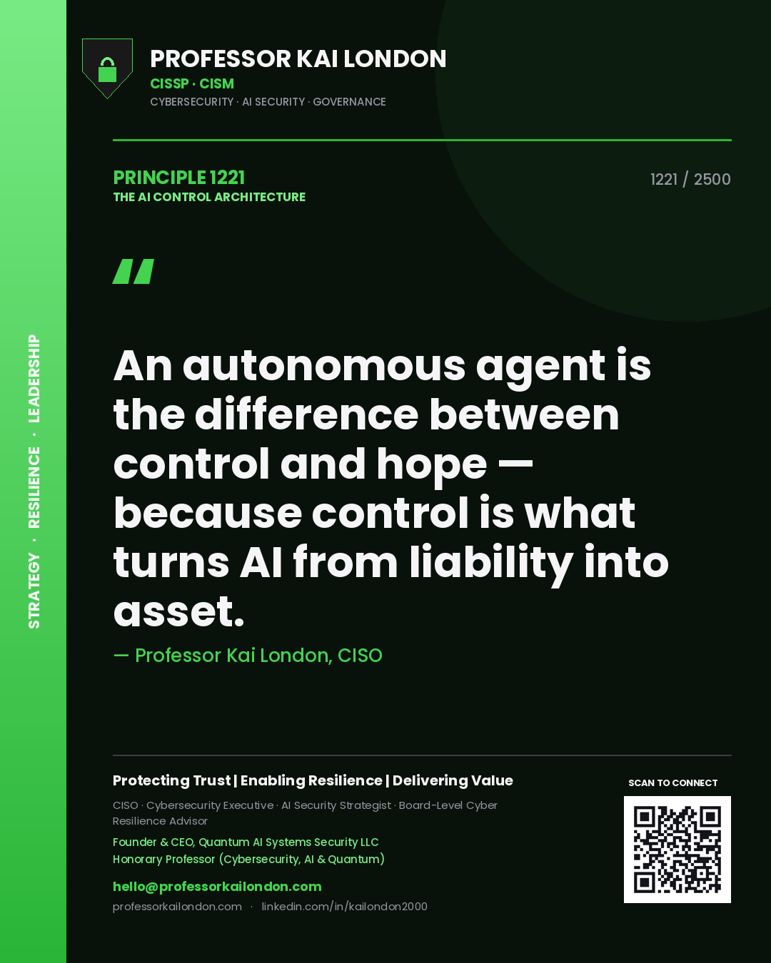 Quote card by Professor Kai London reading 'An autonomous agent is the difference between control and hope — because control is what turns AI from liability into asset.'. From the book The AI Control Architecture.