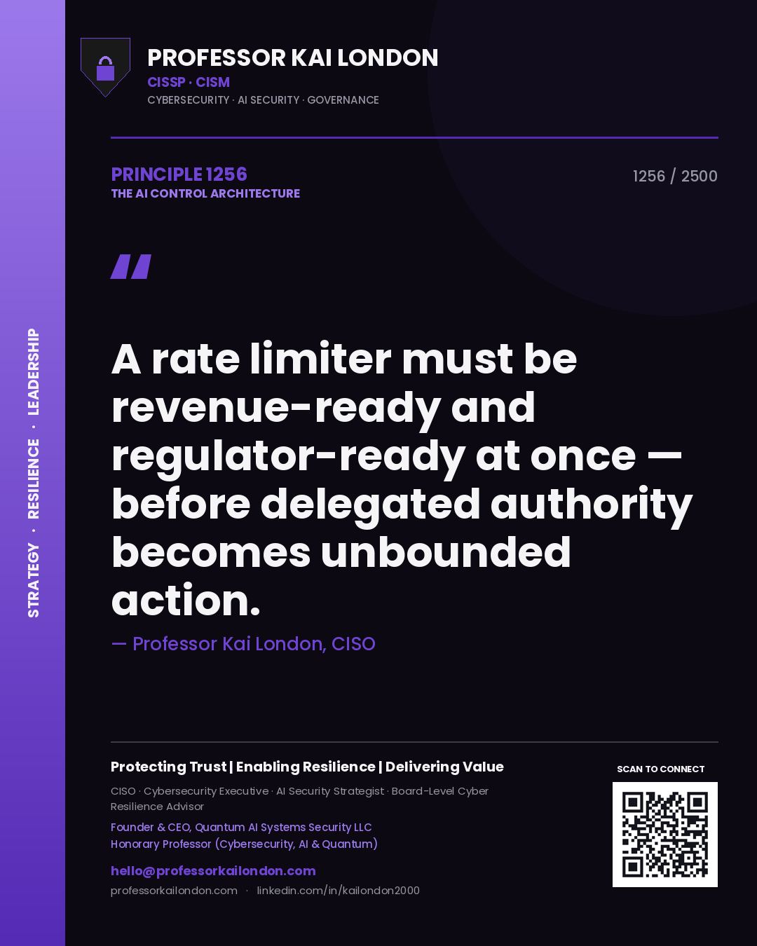 Professor Kai London principle 1256: A rate limiter must be revenue-ready and regulator-ready at once — before delegated authority becomes unbounded action.